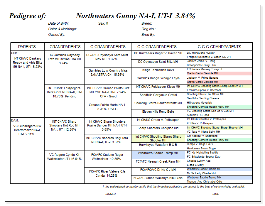 Pedegree for Northwaters Gunny