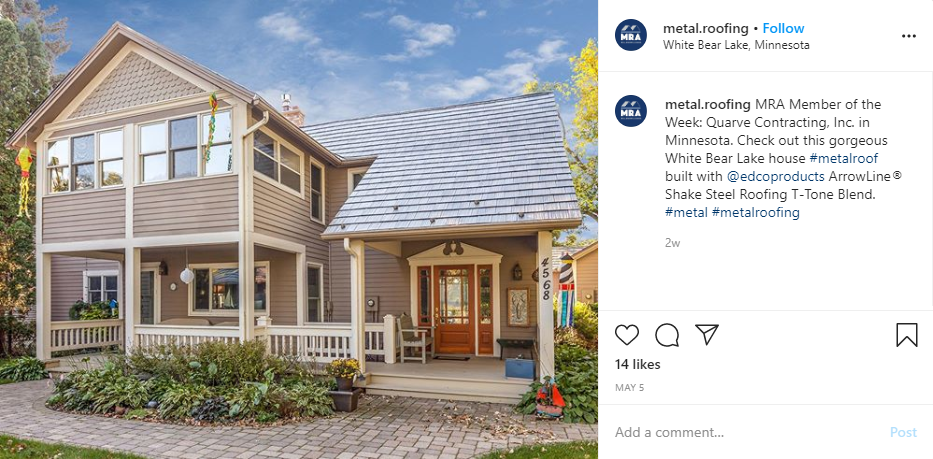Instagram post from Metal Roofing Alliance recognizing Quarve
