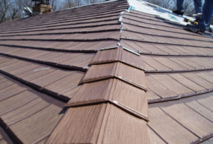 Closeup of metal roof installation