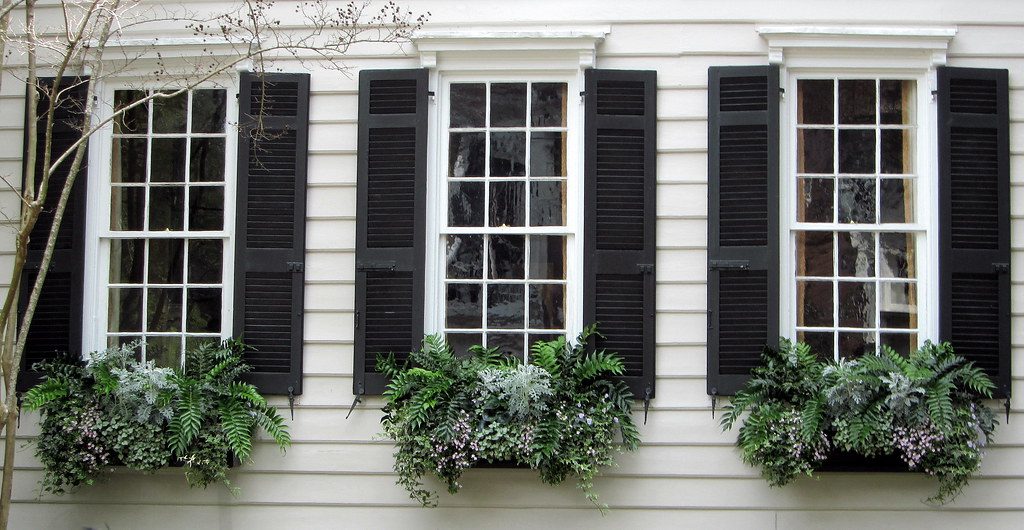 Closeup of two home windows with shutters and flower boxes