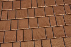 closeup of KasselWood Steel Roofing in Copper Penny