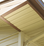 Closeup of section of tan steel soffit and fascia Steel Soffit & Fascia System