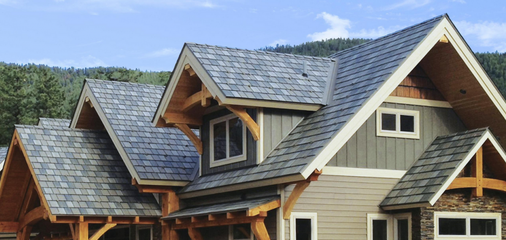 Closeup of home with Arrowline slate metal roofing in T-Tone.