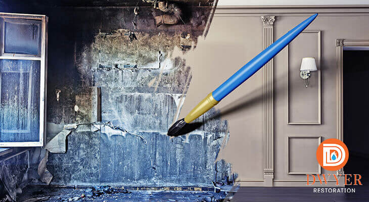 Paint brush showing before and after of fire damage restoration and reconstruction services. Property Reconstruction & Home Remodeling in San Antonio