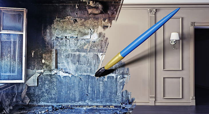 Paint brush showing before and after of fire damage restoration and reconstruction services. Property Reconstruction & Home Remodeling in San Antonio