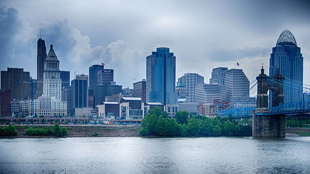 Cincinnati skyline and historic John Roebling Suspension Bridge