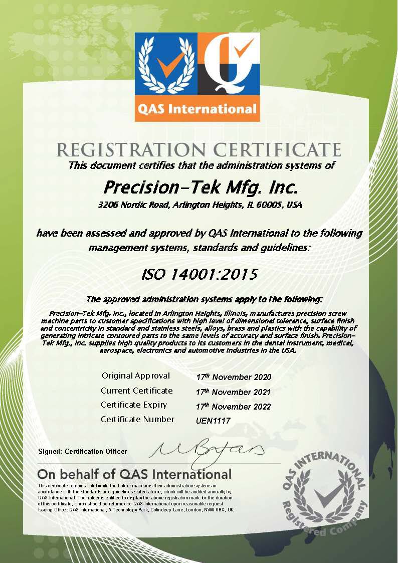 Precision-Tek Mfg., Inc. is ISO-14001:2015 Certified