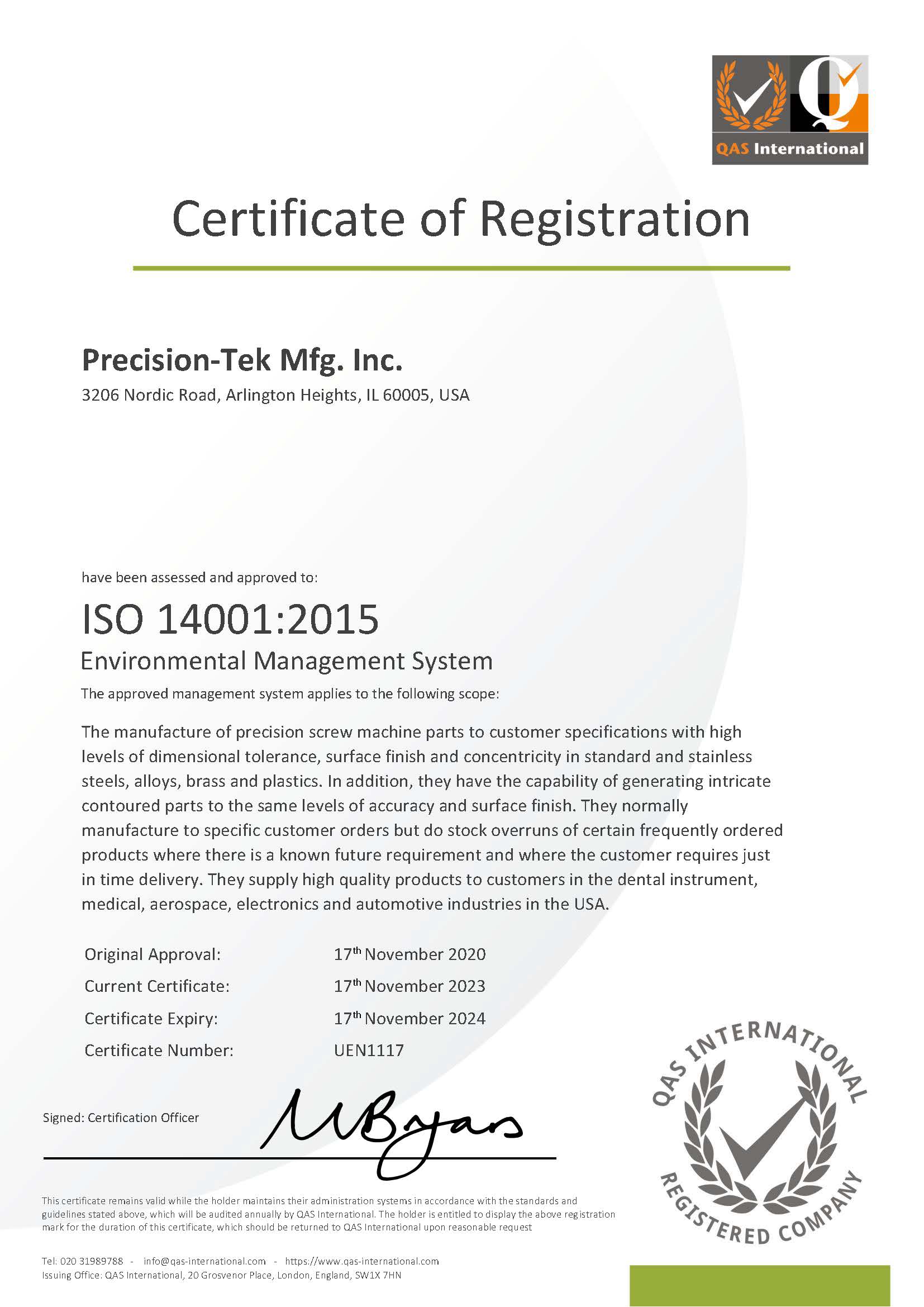 Precision-Tek Mfg., Inc. is ISO-14001:2015 Certified
