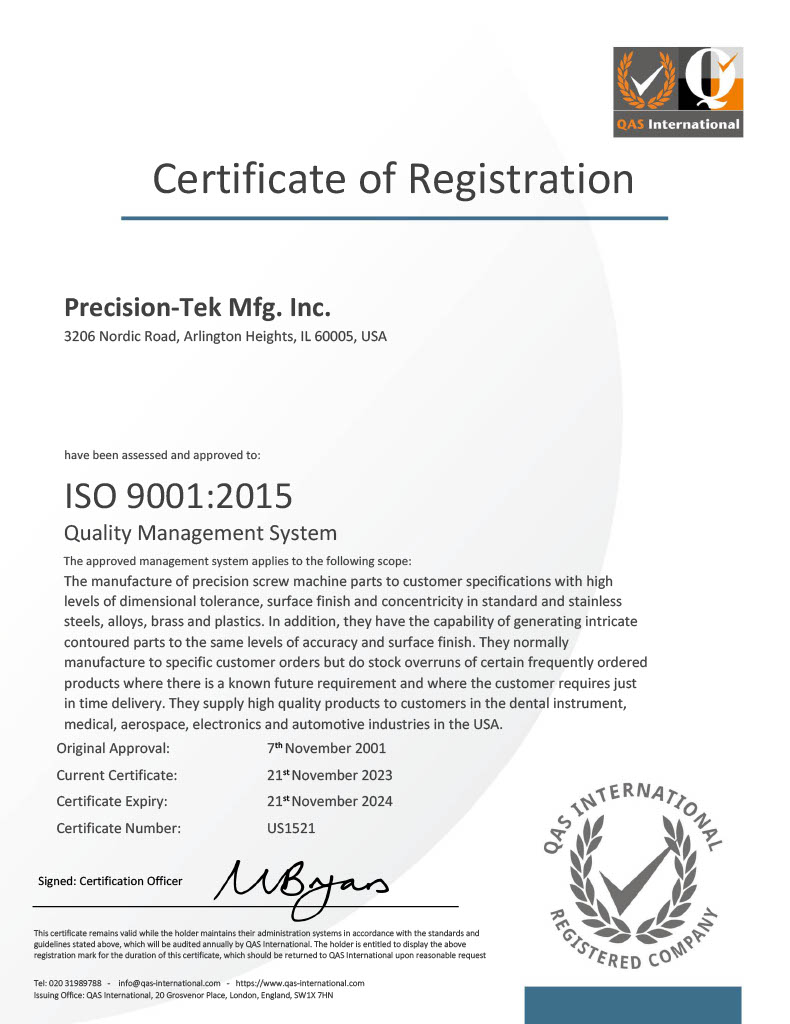 Precision-Tek Mfg., Inc. is ISO-9001:2015 Certified