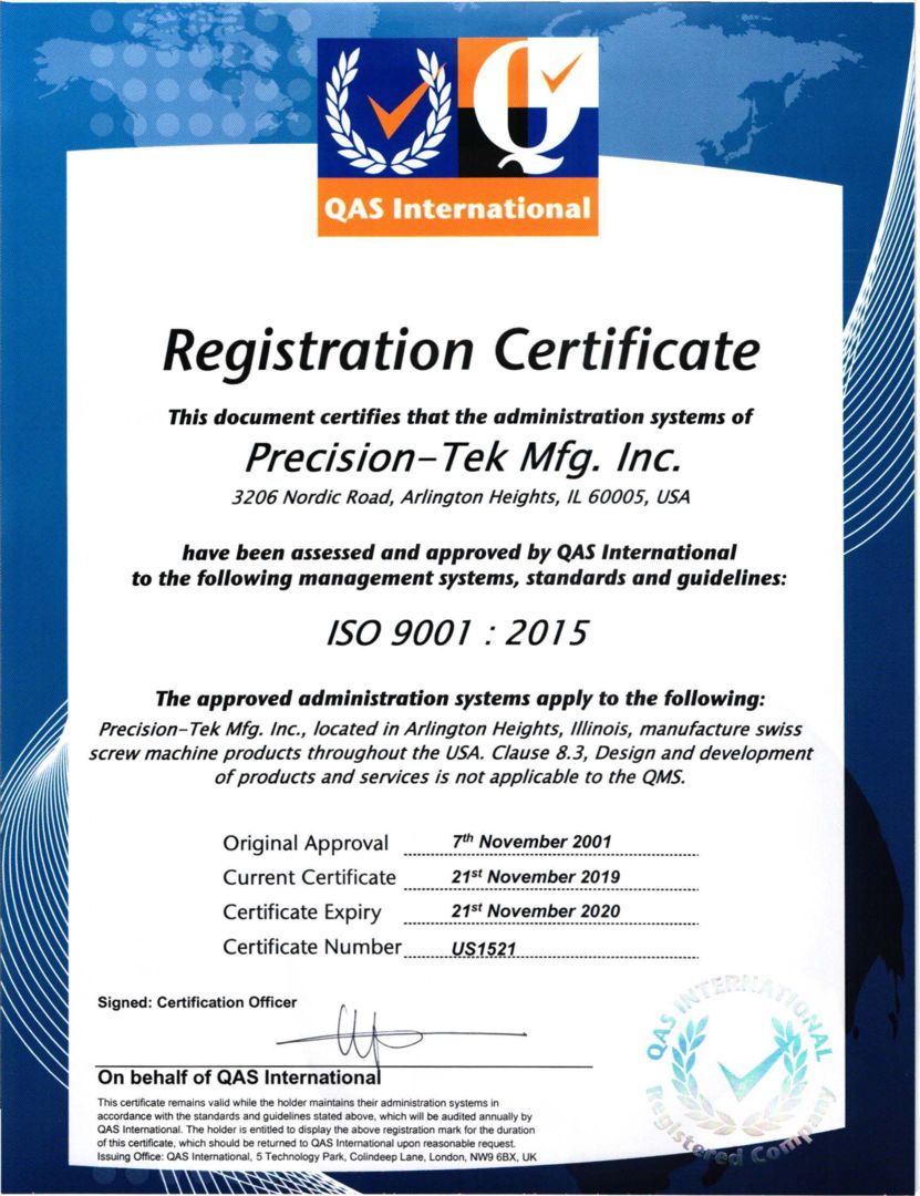 Precision-Tek Mfg., Inc. is ISO-9001:2015 Certified