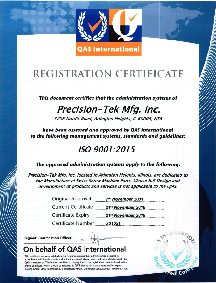 Precision-Tek Mfg., Inc. is ISO-9001:2015 Certified