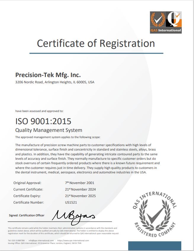Precision-Tek Mfg., Inc. is ISO-9001:2015 Certified