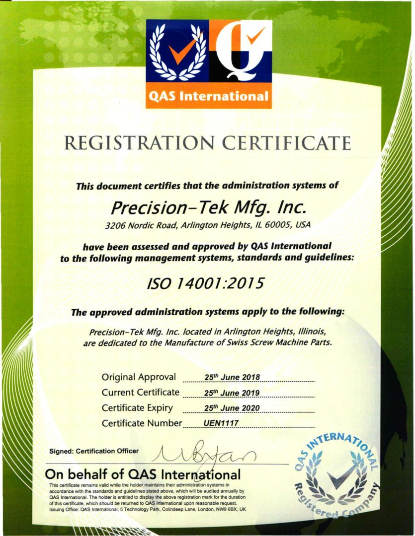 Precision-Tek Mfg., Inc. is ISO-14001:2015 Certified